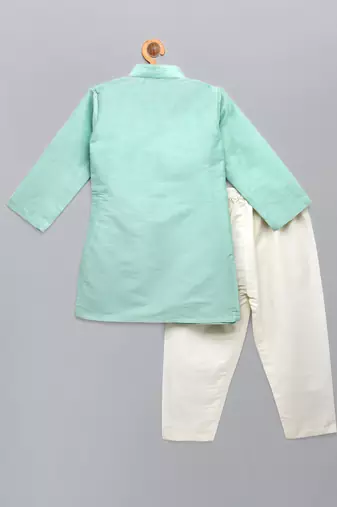 Mint green embroidered cotton silk layered father son kurta combo set