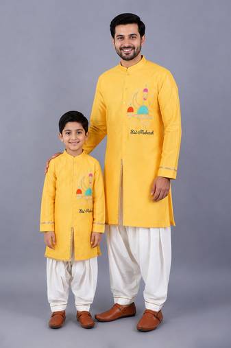 Yellow embroidered cotton silk father son kurta combo set