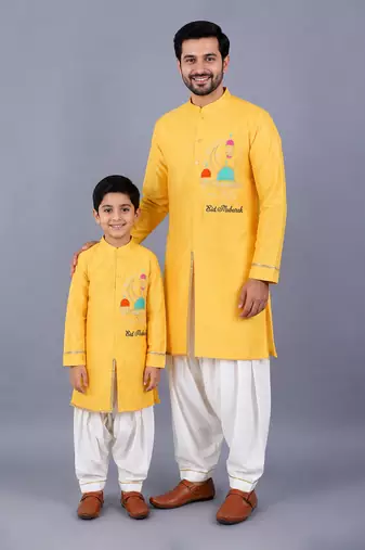 Yellow embroidered cotton silk father son kurta combo set