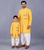 Yellow embroidered cotton silk father son kurta combo set