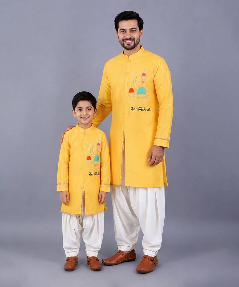 Yellow embroidered cotton silk father son kurta combo set