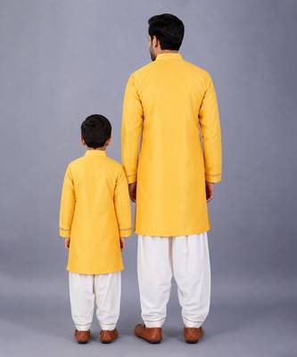 Yellow embroidered cotton silk father son kurta combo set 2