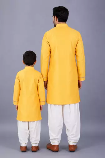 Yellow embroidered cotton silk father son kurta combo set