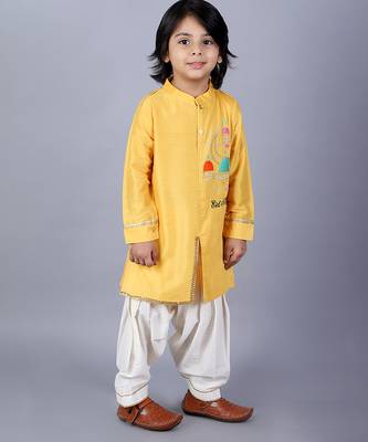 Yellow embroidered cotton silk father son kurta combo set 3