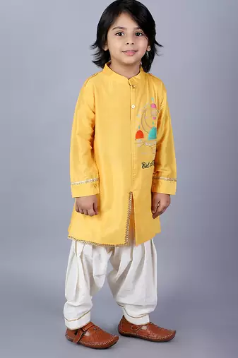Yellow embroidered cotton silk father son kurta combo set