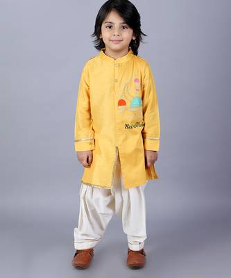 Yellow embroidered cotton silk father son kurta combo set 4
