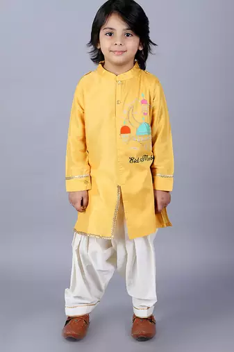 Yellow embroidered cotton silk father son kurta combo set