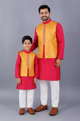 Pink embroidered cotton silk father son kurta combo set