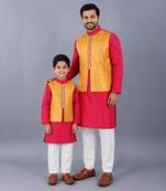 Pink embroidered cotton silk father son kurta combo set