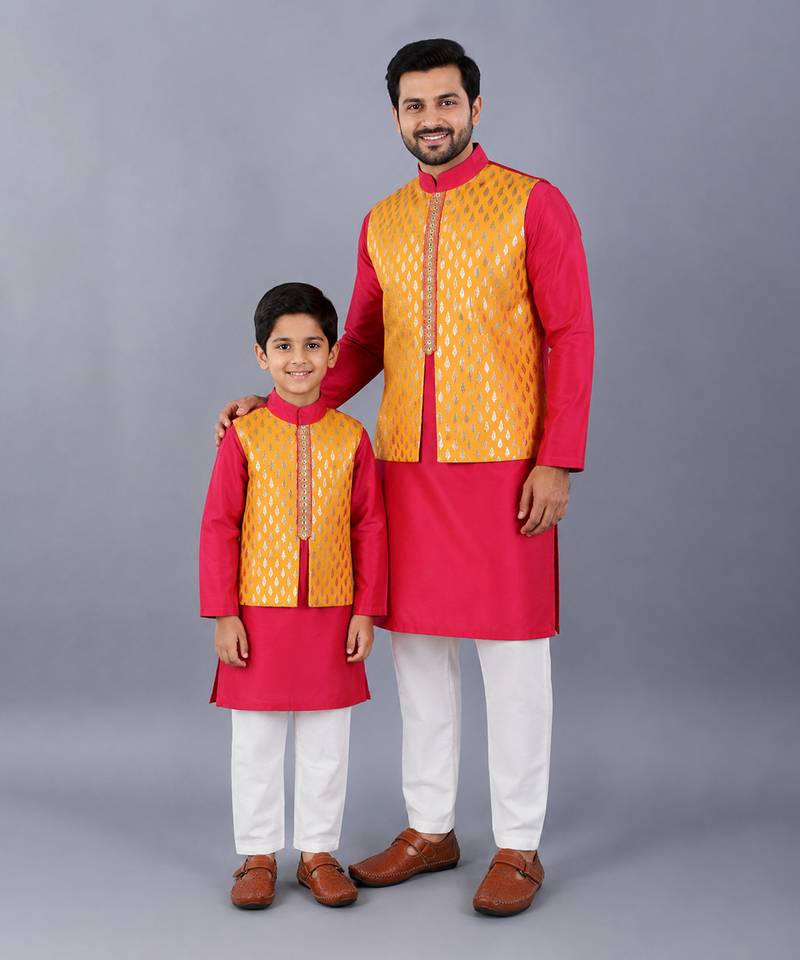 Pink embroidered cotton silk father son kurta combo set