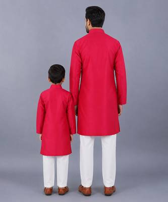 Pink embroidered cotton silk father son kurta combo set 2