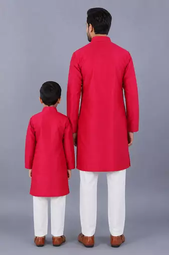 Pink embroidered cotton silk father son kurta combo set