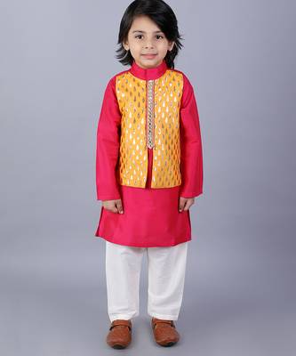 Pink embroidered cotton silk father son kurta combo set 4