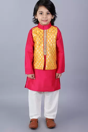 Pink embroidered cotton silk father son kurta combo set