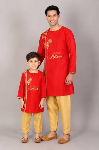 Red embroidered cotton silk father son kurta combo set