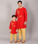 Red embroidered cotton silk father son kurta combo set