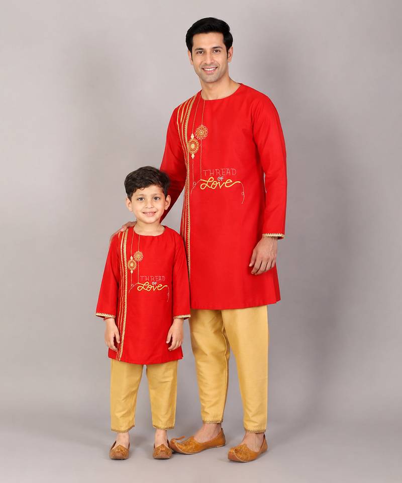 Red embroidered cotton silk father son kurta combo set