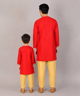 Red embroidered cotton silk father son kurta combo set 2
