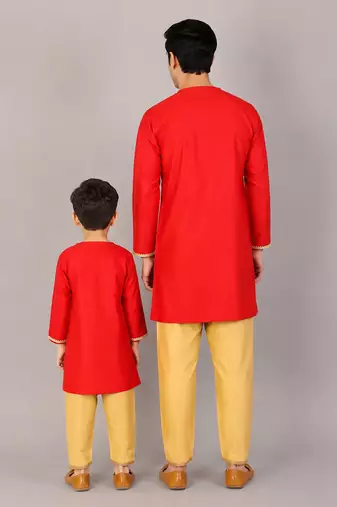 Red embroidered cotton silk father son kurta combo set
