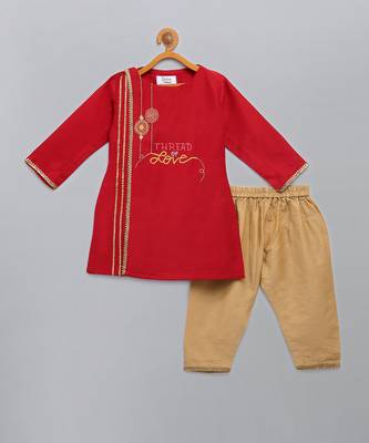 Red embroidered cotton silk father son kurta combo set 3