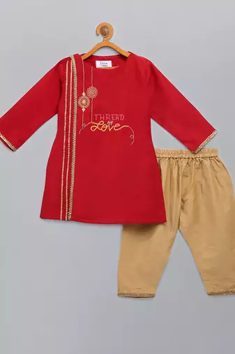 Red embroidered cotton silk father son kurta combo set