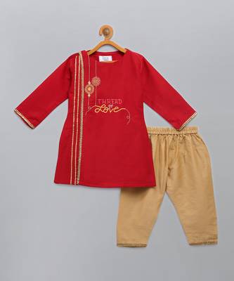 Red embroidered cotton silk father son kurta combo set 4