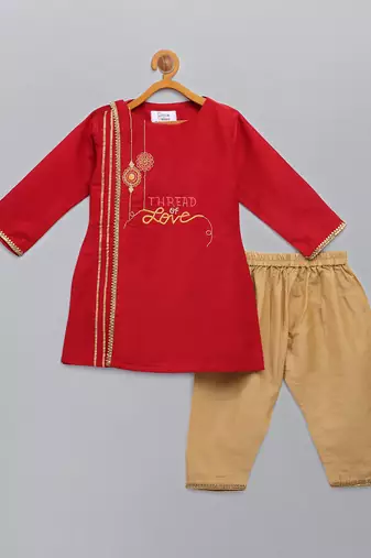 Red embroidered cotton silk father son kurta combo set