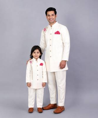 White embroidered raw silk father son bandhgala combo set 1