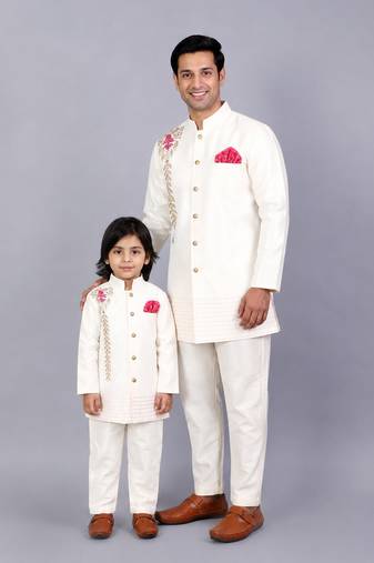 White embroidered raw silk father son bandhgala combo set