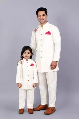 White embroidered raw silk father son bandhgala combo set