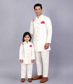 White embroidered raw silk father son bandhgala combo set