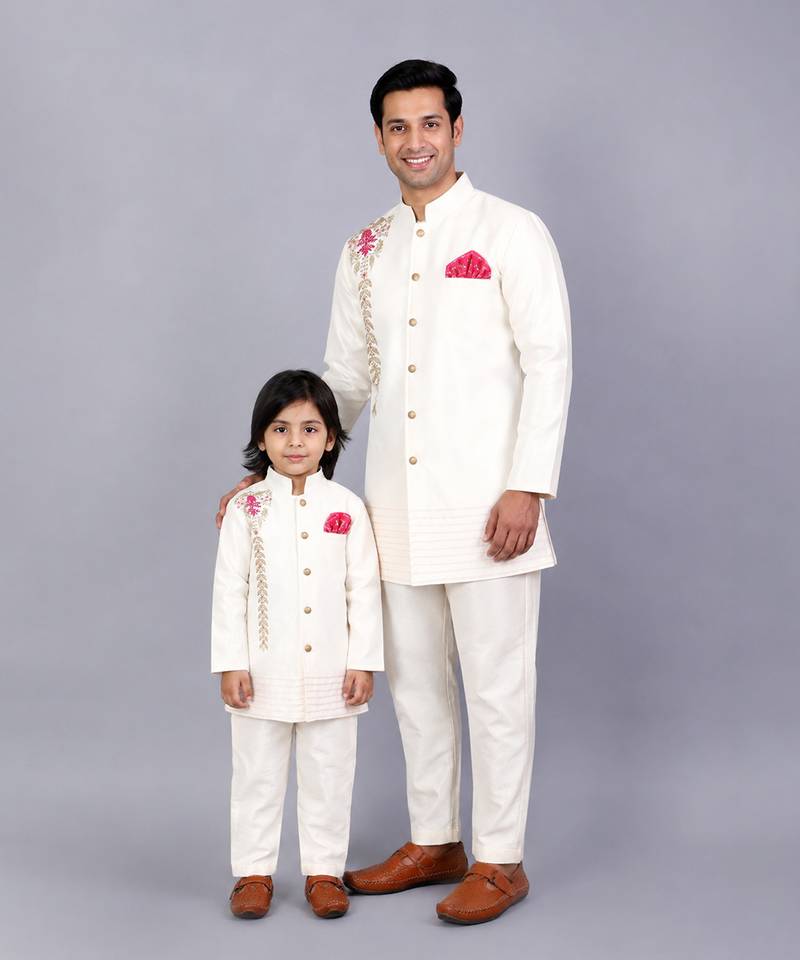 White embroidered raw silk father son bandhgala combo set