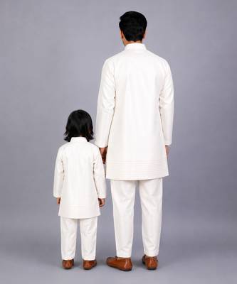 White embroidered raw silk father son bandhgala combo set 2