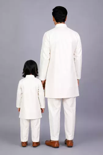 White embroidered raw silk father son bandhgala combo set