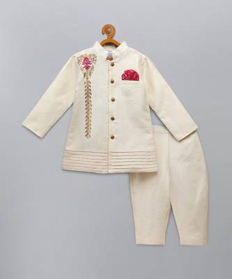 White embroidered raw silk father son bandhgala combo set 3