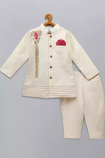 White embroidered raw silk father son bandhgala combo set