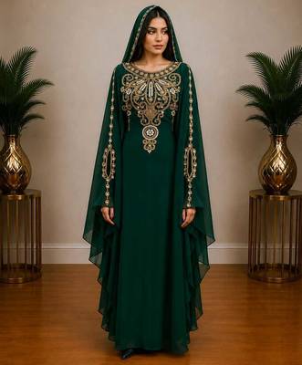 Green Gold Embroidered Luxury Kaftan with Cape 1