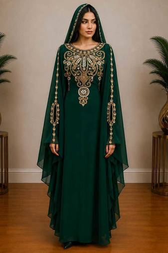 Green Gold Embroidered Luxury Kaftan with Cape