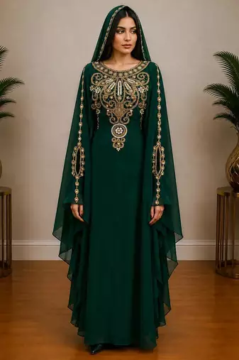 Green Gold Embroidered Luxury Kaftan with Cape