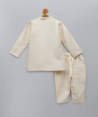 White embroidered raw silk father son bandhgala combo set 4