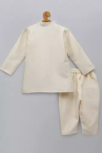 White embroidered raw silk father son bandhgala combo set