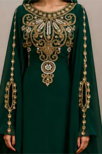 Green Gold Embroidered Luxury Kaftan with Cape