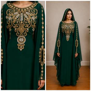 Green Gold Embroidered Luxury Kaftan with Cape 3