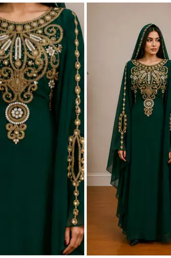 Green Gold Embroidered Luxury Kaftan with Cape
