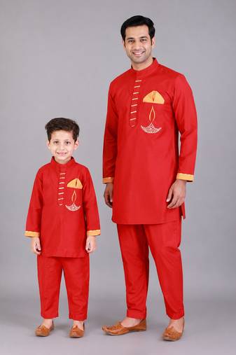 Red embroidered cotton silk father son kurta combo set