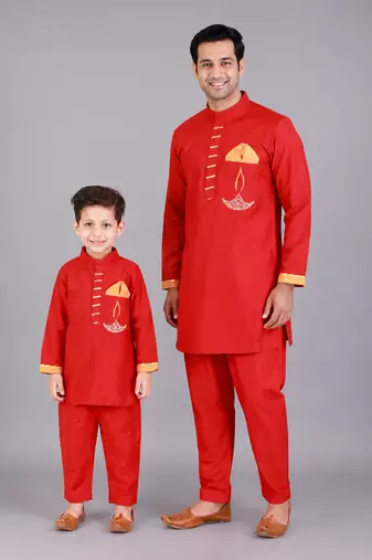 Red embroidered cotton silk father son kurta combo set