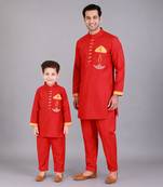 Red embroidered cotton silk father son kurta combo set