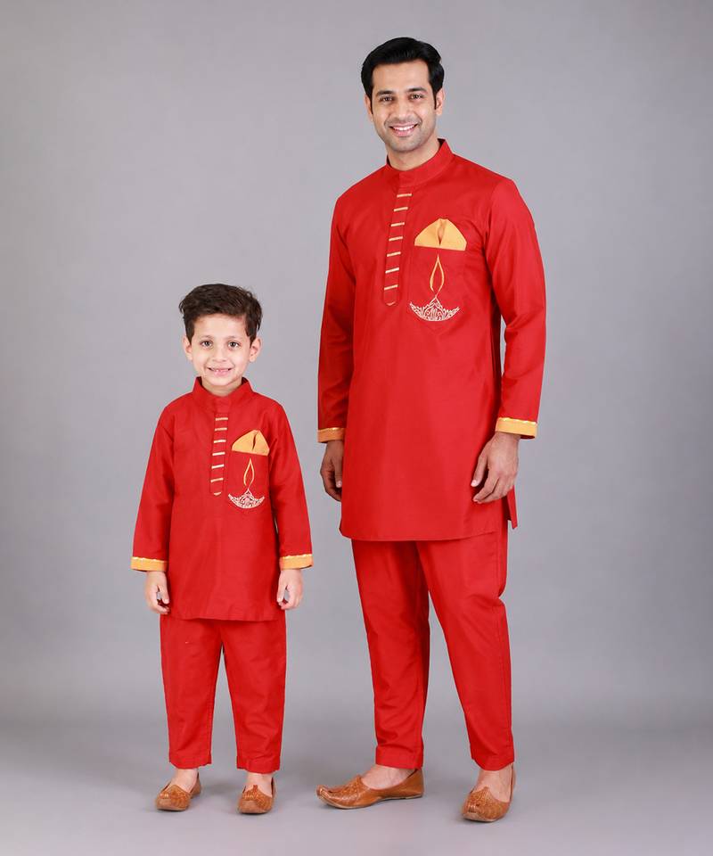 Red embroidered cotton silk father son kurta combo set