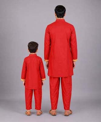Red embroidered cotton silk father son kurta combo set 2