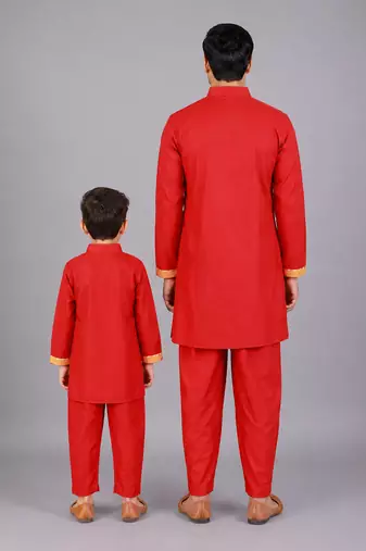 Red embroidered cotton silk father son kurta combo set